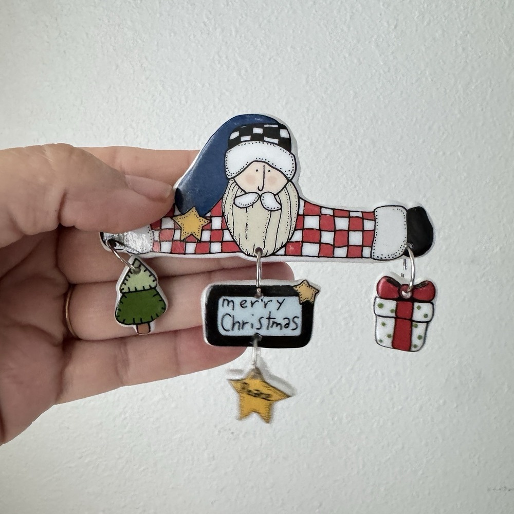 Vtg Christmas Folk Art Santa Ceramic Large‎ Pin Brooch Checkerboard Hanging Star